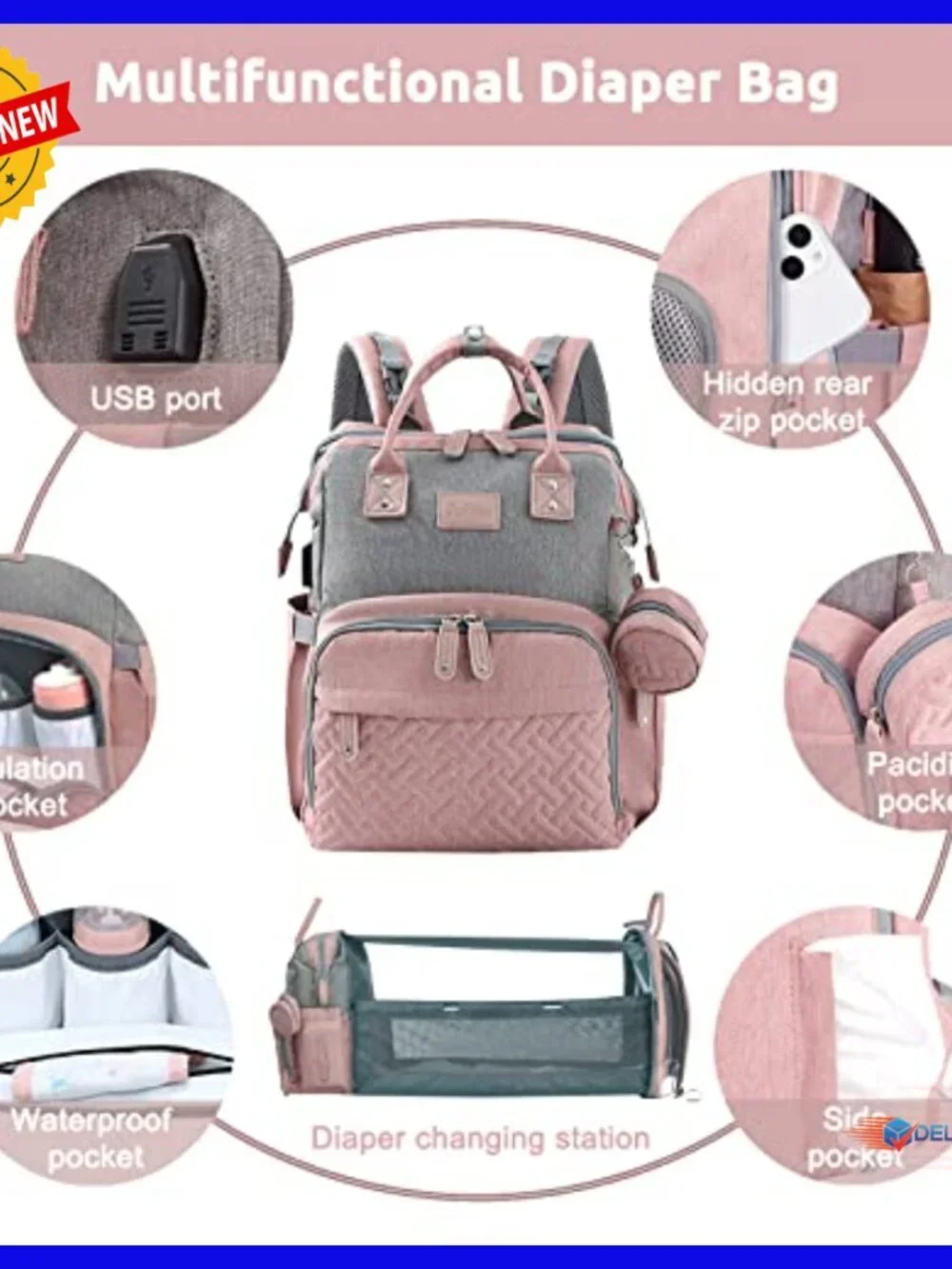 Large Capacity Diaper Backpack with Changing Station USB Port Waterproof
